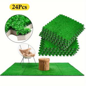 TEMU 12/24pcs 인테록킹 인공 잔디 타일, 야외 인조 잔디 러그 매트, 파티오, 발코니, 정원용, 미끄럼 방지 사각형 잔디 카펫 - 가벼움, 방습 기능이 있는 세척 가능, 쉽게 자를 수 있는 DIY 친화적인, 12.6