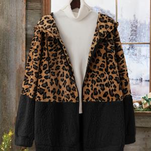 TEMU 폴리에스터 100% 니트 원단으로 가볍게 늘어나는 플러스 사이즈 캐주얼 프린트 후드 코트 - 여성을 위한 가을/겨울 시즌 스타일 - 지퍼 디테일