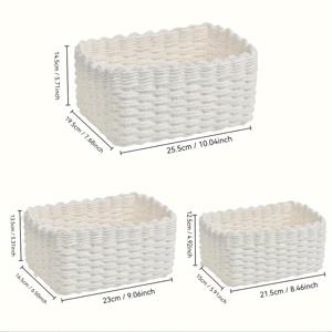 TEMU 3개 흰색 종이 실 보관 바구니 세트 - 쌓을 수 있는 수제 코스메틱 정리함, 다용도 레트로 컨트리 스타일 데스크탑 수납 상자 (욕실, 주방, 선반 바구니용), 욕실 수납