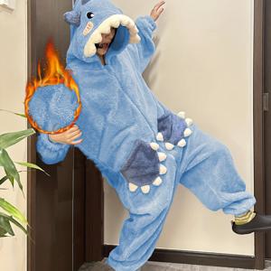 TEMU 편안한 만화 상어 후드 원피스 - 긴 소매 플리스 코스프레 의상, 포켓 포함, 따뜻하고 부드러운 폴리에스터 동물 의상, 할로윈, 음악 축제 및 드레스업 파티용