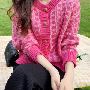 TEMU 플레드 버튼 프런트 카디건, 우아한 크루넥 롱슬리브 카디건, 가을 & 겨울 여성 의류