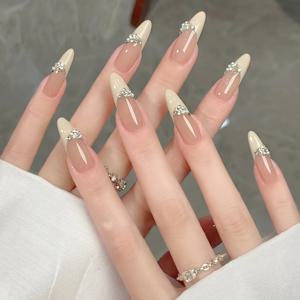TEMU 여성용 프렌치 스타일 프레스온 네일 - 긴 뾰족한 팁, 밀크 화이트 베이스 & 반짝이는 라인스톤 - 광택 있는 웨딩 파티 데일리 웨어 - 쉬운 적용 탈착식 네일 팁|네일팁