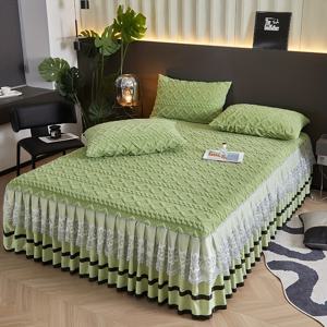 TEMU 3피스 레이스 침대 스커트 세트 (침대 커버 1개 + 베개 커버 2개 포함), 고급 두꺼운 보온 방지 침구 보호용, 가을과 겨울용 순수 색상 피팅 시트 및 이불 커버, 연한 베이지색 - 부드럽고 편안하며 통기성 좋은 접이식 가능, 침실/게스트룸/호텔/기숙사 홈 데코, 저자극성, 기계 세탁 가능, 주름 없음, 변색 방지