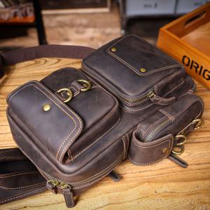 TEMU WIECZNE 남성용 빈티지 풀그레인 가죽 체스트 슬링백 - 대용량 진짜 가죽 크로스바디 숄더백, 말가죽, 지퍼 잠금 및 내구성 있는 캐리 라인 스티치, 야외 및 여행용 | 헤비듀티 데이팩