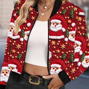TEMU 크리스마스 산타 클로스 프린트 캐주얼 숏 집업 봄버 재킷, 니트 원단, 폴리에스테르, 야구 칼라, 올 시즌 패션