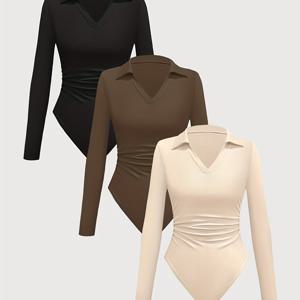 TEMU 3개 여성용 긴팔 V넥 바디슈트 - 슬림핏 리브드 점프수트, 단색 캐주얼 & 포멀 웨어, 가을/겨울용 다목적 레이어링 피스, 겨울용 바디슈트, 우아한 스타일, 매끄러운 질감, 타이트 롱 폴로, 셔츠, 라이트 블루 블라우스, 흰색 칼라, 러플 칼라 여성용, 우아한 바디슈트