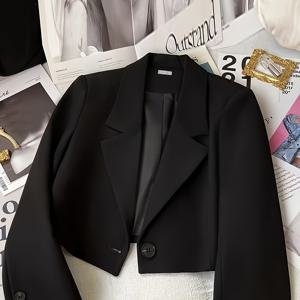 TEMU 여성용 시크한 블랙 - 반팔, 단추, 폴리에스터, 봄/가을 패션, 캐주얼 또는 정장 행사에 다용도, 캐주얼 의상|세련된 정장|폴리에스터 , 여성용 , 여성용 , 여성용 테일러링 , 여성용 롱