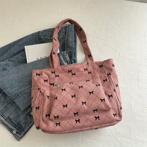 TEMU 코듀로이 토트백 - 블랙 보우 장식, 스타일리시한 여성용 대용량 가방, 지퍼 클로저 & 고정 스트랩, 그레이/핑크, 쇼핑, 출근, 학교용 다용도 가방