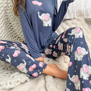 TEMU 캐주얼 여성용 파자마 세트 - 코끼리와 풍선 프린트 - 크루넥, 엘라스테인 혼방 니트 폴리에스터 원단, 동물 패턴, 성인용 편안한 잠옷 - 모든 계절