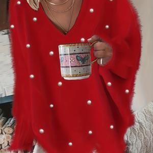 TEMU 여성용 우아한 V넥 긴팔 스웨터, 진주 장식 - 부드러운 인조 모피, 루즈핏, 롱 기장, 단색, 가을/겨울에 완벽, 포근하고 스타일리시한 풀오버, 겨울 패션 탑 | V넥 스웨터 | 진주 장식 스웨터