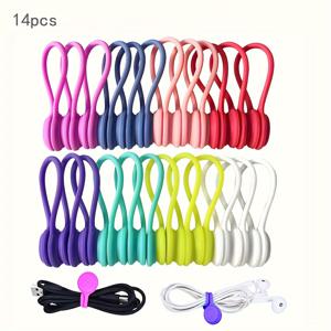 TEMU 14개 자석 실리콘 케이블 타이 | 재사용 가능한 USB 및 이어폰 정리 스트랩 (가정, 사무실, 기숙사 정리용)