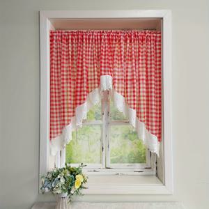 TEMU 1개/2개 미국 컨트리 레드 체크 크리스마스 장식 삼각형 짧은 커튼 주방 출입구 드레이퍼 소형 창문 커튼, 빈티지 보일 팜하우스 빛 필터링 드레프, 로드 포켓 탑 1패널/2패널
