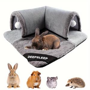 TEMU 착용 가능한 쿠션과 숨을 수 있는 장난감이 있는 포근한 플러시 토끼 터널 침대 - 기니피그, 토끼 및 소형 애완동물용 대형 부드러운 터널 - 깊은 잠 디자인, 회색, 작은 애완동물 침구 | 장식적인 애완동물 침대 | 질감 있는 패브릭 침대