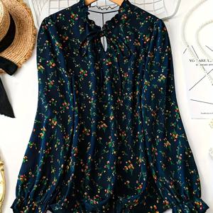 TEMU 플러스 사이즈 여성용 플로랄 프린트 긴팔 블라우스 조절 가능한 리본 넥라인 - 다크 네이비 블루 & 멀티컬러 작은 꽃, 기계 세탁 가능 사계절 캐주얼 및 정장용 탑, 비침 방지 원단