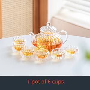 TEMU 1세트 우아한 고온 저항 유리 찻주전자와 컵 세트, 줄무늬 디자인 - 내구성 있고 열에 강한 찻주전자와 6개의 컵, 차 애호가에게 완벽한 차 서빙 필수품 | 줄무늬 찻주전자 | 투명 찻주전자
