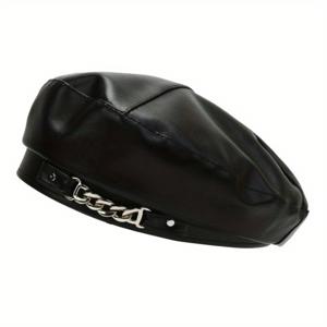 TEMU 여성용 PU 가죽 베레모, 체인 디테일, 빈티지 스타일 경량 비신축성있는 캡, 염색 공예 장인 정신, 패션 베레모, 일상 생활용 - 1개