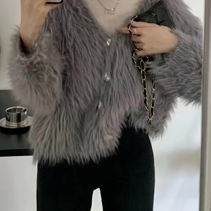 TEMU 2024 신상 여성용 코지 레트로 V넥 가디건 - 부드러운 인조 워터독 퍼, 루즈핏 긴팔 겨울 스웨터, 가을 & 겨울 캐주얼 시크 룩, 귀여운 스웨터, 편안한 핏 의류, 겨울 아우터, 독특한 패션 선택, 중간 신축성 원단