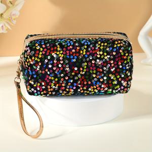 TEMU 반짝이는 스팽글 화장품 가방, 다색 반짝이는 지퍼 메이크업 파우치, 휴대용 여행 세면도구 케이스, 브레이드 소재, 남녀 공용 - 무향