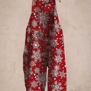 TEMU 여성용 레드 & 화이트 눈꽃 프린트 하이웨이스트 와이드 레그 롬퍼 - 크리스마스 파티 의상, 눈꽃 패턴, 조절 가능한 스트랩리스 점프수트 (No ), 기계 세탁 가능한 리조트웨어, 휴일 행사 및 겨울 축제용