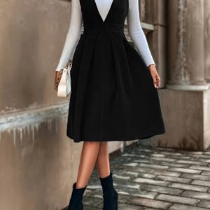 TEMU 여성용 단색 미디 드레스, 민소매 V넥 코듀로이 A라인 텐트 드레스, 100% 폴리에스터, 가을/겨울 스커트핏, 250g 면 무게, 벨트 없음 - 우아한 A형 펜듈럼 스타일|여성원피스|나시원피스|민소매원피스