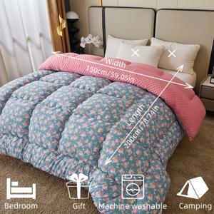 TEMU 1개 블루 핑크 화이트 베이지 플로럴 퀼트 - 플러시 파일 같은 충전재가 있는 헤비듀티 겨울 침대 스프레드, 이중 레이어 슈라우드 패브릭 및 고탄성 충전재, 퀸/킹/킹 사이즈 침대용, 우아한 침대 커버, 사무실용