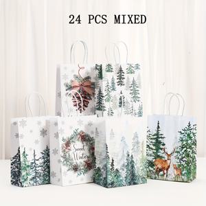 TEMU 24개 겨울 선물 가방 기프트 백 화이트, 리스와 사슴 눈송이 및 나무가 있는 결혼식 생일 크리스마스 하누카 파티 용품