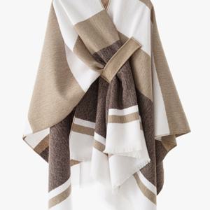 TEMU 여성용 세련된 기하학적 프린트 숄 - 베이지, 브라운, 화이트, 비대칭 V넥, 가을과 겨울에 따뜻하고 다용도로 사용할 수 있는 가을 겨울 액세서리|기하학적 패턴 숄|부드러운 텍스처의 면, 가을 겨울 패션|가디건