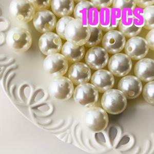 TEMU 100개 14mm ABS 플라스틱 목걸이 비즈 - 광택 화이트 라운드 DIY 액세서리, 팔찌, 키체인 및 홈 데코용 구멍 뚫린 비즈