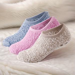 TEMU 3-팩 여성용 플러시 코랄 플리스 양말, 미끄럼 방지 실리콘 바닥 양말, 두꺼운 겨울 슬리퍼, 폴리에스테르 & 스판덱스, 기계 세탁 가능, 단색, 니트, 여성 패션 액세서리