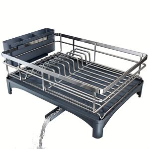 TEMU 대형 식기 건조대 | 304 스테인리스 스틸 구조, 주름 모양 자동 물기 제거 플레이트 및 조리 도구 홀더 포함, 주방 정리, 접시, 포크, 머그, 거품기, 가위 등을 위한 물기 제거 보관에 적합, 주방 공간 효율성 향상