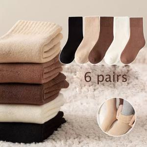 TEMU 어린이용 두꺼운 따뜻한 플리스 안감 크루 양말 6켤레 세트 - 부드러운 폴리에스터, 스판덱스 혼방, 단색, 기계 세탁 가능, 남녀공용 사계절 편안함, 귀여운 양말, 아동복, 편안한 착용감, 유연한 어린이 양말, 내구성 있는 어린이 양말
