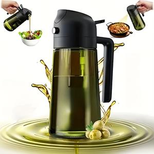 TEMU 주방용 유리 올리브 오일 디스펜서, 2 in 1 오일 디스펜서 병 & 오일 스프레이어 요리용, 자동 플립 캡, 18온스 블랙 (빛 차단)