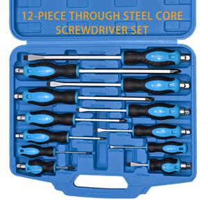 TEMU 12개 스틸 코어 드라이버 세트, 고속 고정, 치즐링 또는 고정된 나사 풀기용 고강도 스틸 블레이드, 6필립스 & 6슬롯 마그네틱 비트, 휴대용 케이스 포함. 멋진 선물