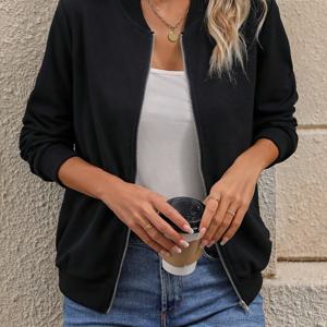 TEMU 단색 집업 재킷, 봄 & 가을용 캐주얼 긴팔 봄버 재킷, 여성 의류