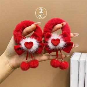 TEMU 2개 세트 달콤한 플러시 리본 헤어밴드 하트 펜던트 & 탄성 밴드 - 레드 & 화이트 푹신한 머리핀, 발렌타인데이, 크리스마스, 생일 파티 액세서리 - 부드러운 신축성 헤어밴드 (성인용)