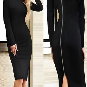 TEMU 여성용 우아한 롱 슬리브 바디콘 드레스 - 뒷면 지퍼 디테일, 라운드넥 솔리드 블랙 100% 폴리에스터, 봄/가을 캐주얼~포멀 웨어, 세탁기 사용 가능