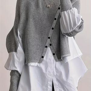 TEMU 여성용 우아한 긴팔 셔츠 - 블랙 & 화이트 대비 칼라 & 커프스 디테일, 라운드 넥 레귤러 핏, 세탁기 사용 가능 사계절용 밴서타일 탑, 롱 슬리브 블라우스, 시즌 패션, 고품질 공예