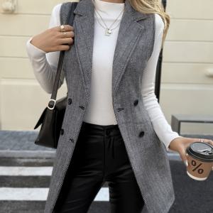 TEMU 더블 브레스트 라펠 조끼 | 단색, V넥, 모든 계절에 적합, 성인 코트