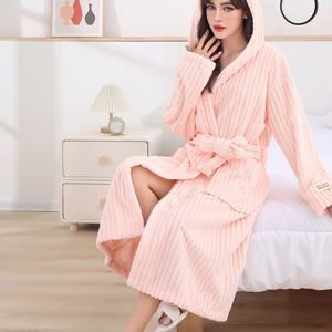 TEMU 우아한 롱 슬리브 후드 드레스 가운 여성용 - 100% 폴리에스테르 줄무늬 니트 직물 로브 벨트, 캐주얼 올 시즌 잠옷, 빠른 건조 흡수 목욕 가운 (1pc)|샤워가운