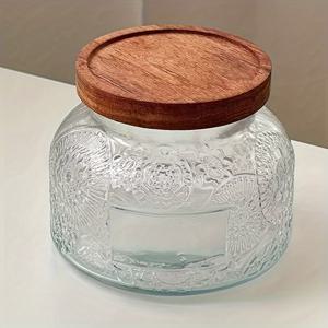 TEMU 목재 뚜껑이 있는 빈티지 유리 밀폐 보관병 - 식기 세척기 안전, 재사용 가능한 원형 용기, 주방, 커피, 간식, 차 및 건조 과일용 - 레트로 스타일, 다목적, 전기 없음, 주방 보관 솔루션 | 러스트릭한 매력 장식 | 안전한 뚜껑 디자인, 유리 식품 보관