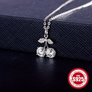 TEMU 0.5캐럿 모이사나이트 펜던트 목걸이 - 사랑스럽고 세련된 925 스털링 실버 작은 체리 디자인 펜던트 목걸이 - 파티와 휴가용 여성 주얼리 선물로 적합한 반짝이는 액세서리 - 선물 상자 및 가방 포함|은목걸이