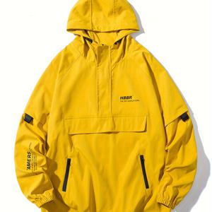 TEMU 1pc 남녀 공용 캐주얼 폴리에스테르 후드 재킷 - 단색 컬러 야외 하이킹 코트, 포켓 포함, 스트레치되지 않는 직조 후드, 반 플랙크로 루즈핏, 봄/여름/가을용 긴 라글란 슬리브