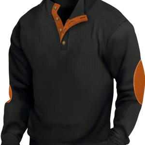 TEMU 1pc 남성 캐주얼 폴리에스테르 헨리 셔츠 - 롱 슬리브, 만다린 칼라, 컬러 블록 디자인, 니트 소재, 약간의 스트레치, 버튼 디테일, 봄/가을용 레귤러 핏 탑 - 주말 캐주얼 의류