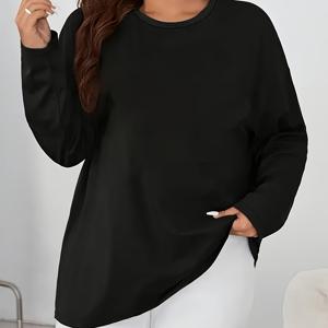 TEMU 여성용 플러스 사이즈 오버사이즈 긴팔 티셔츠 - 솔리드 컬러 블랙 라운드넥 캐주얼 탑, 세탁기 사용 가능한 겨울 가을 옷장 필수품
