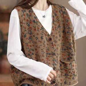 TEMU 여성 캐주얼 V넥 니트 조끼 - 아크릴 블렌드 소재 슬리브리스 카디건, 포켓 포함, 스트레치 원단, 단색, 레귤러 핏 올 시즌 빈티지 스타일 아우터웨어