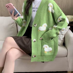 TEMU Y2K 동물 자카드 긴팔 V넥 두꺼운 가디건