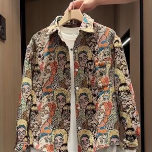 TEMU 패션 의류, 남성용 아웃도어 캐주얼 스트리트 스타일 힙합 자수 브로케이드 슬리밍 긴팔 셔츠, 카툰 패턴, 사계절 착용 가능