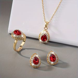 TEMU 빈티지 우아한 18K 금도금 쥬얼리 세트, 라인스톤 장식 아연 합금 물방울 귀걸이, 목걸이 및 반지 콤보 여성용 - 일상 및 특별한 날에 이상적