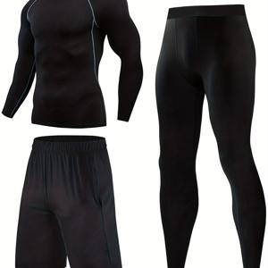 TEMU 3개 맨즈 통기성 스포츠 세트, 긴팔 크루넥 상의, 긴 타이츠 & 반바지가 포함된 빠른 건조 성능 기어 - 폴리에스테르 & 스판덱스 블렌드 러닝, 트레이닝, 헬스장, 야외 활동용 - 고신축성 단색 액티브웨어, 라글란 소매