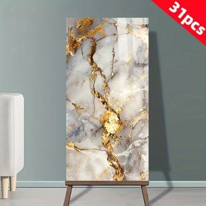 TEMU 31pcs 쉽게 붙이는 자체 접착식 모조 타일 벽 스티커 - 방수 PVC, 절삭 가능하고 박리 가능한 대리석 효과 스티커, 주방 및 욕실용